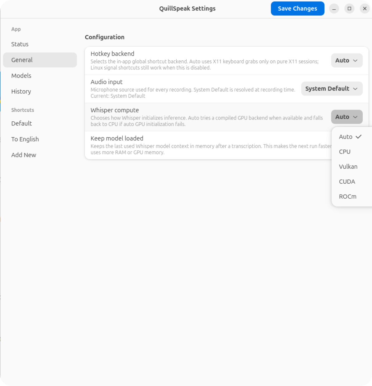 QuillSpeak General settings