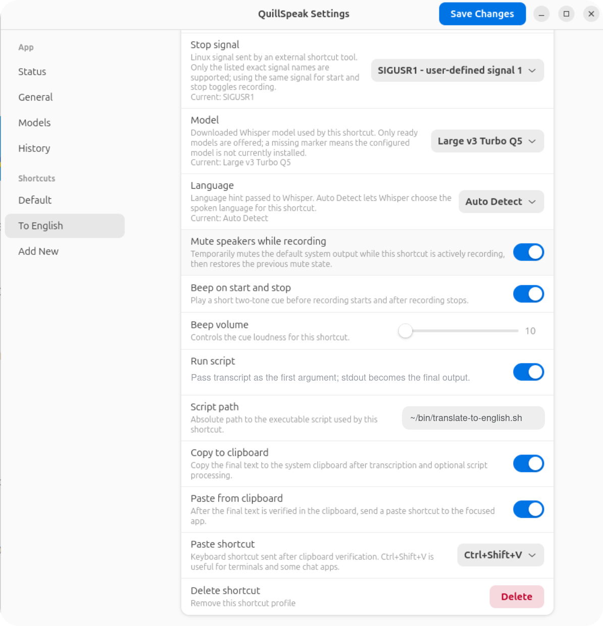 QuillSpeak shortcut output settings